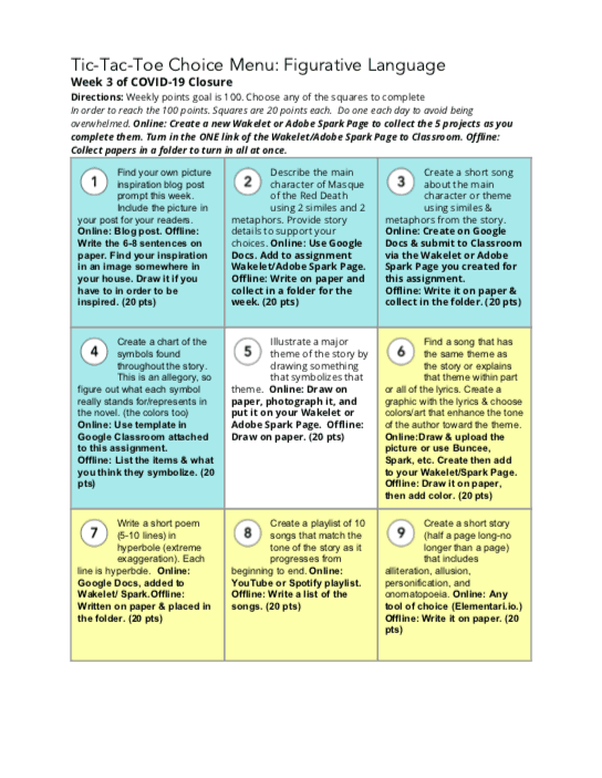 Home Learning with Choice Boards During School Closures